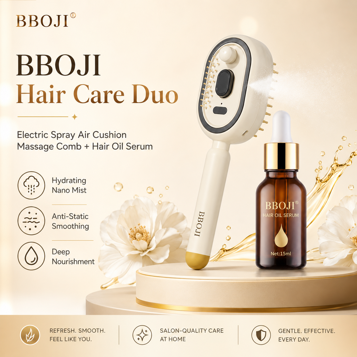 BBOJI Anti-Frizz Spray Massage Comb & Hair Oil Set