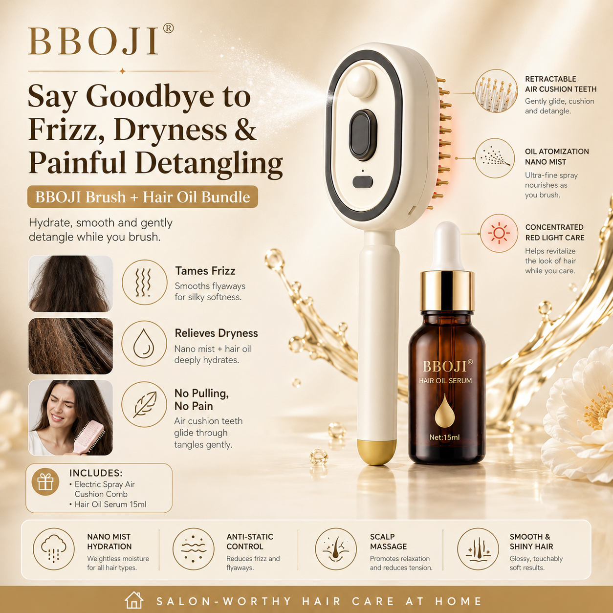 BBOJI Anti-Frizz Spray Massage Comb & Hair Oil Set