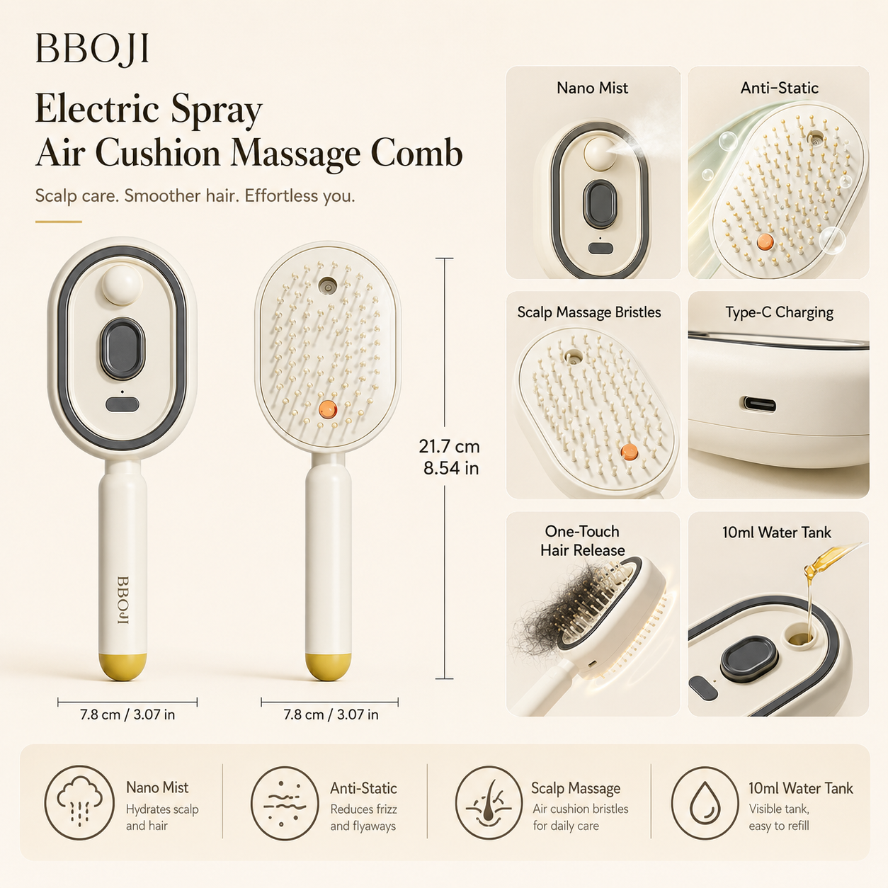 BBOJI Anti-Frizz Spray Massage Comb & Hair Oil Set