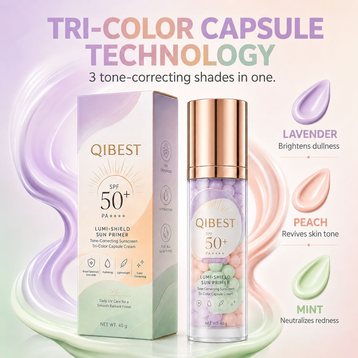 QIBEST Tri-Color Capsule SPF 50+ Sunscreen Primer