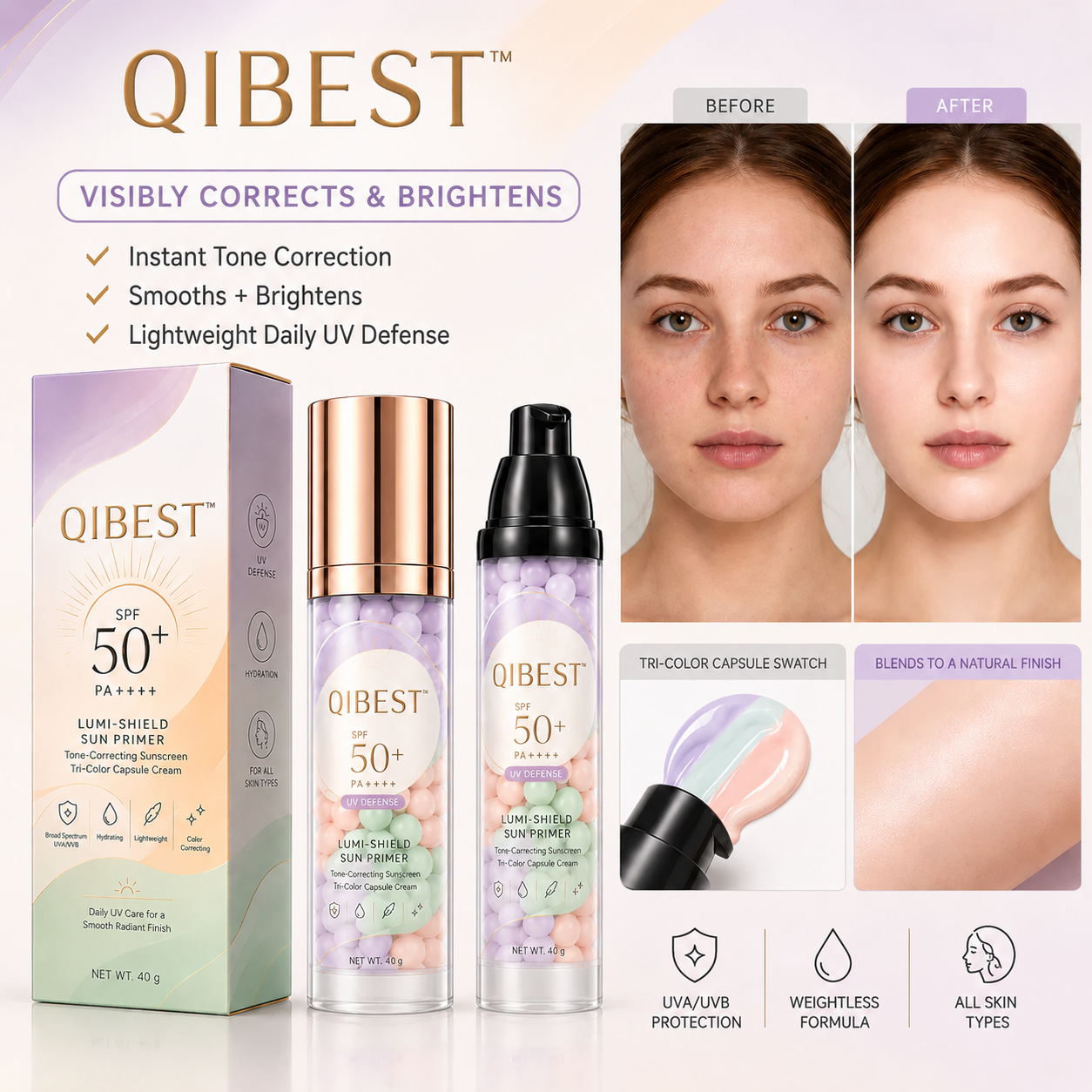 QIBEST Tri-Color Capsule SPF 50+ Sunscreen Primer