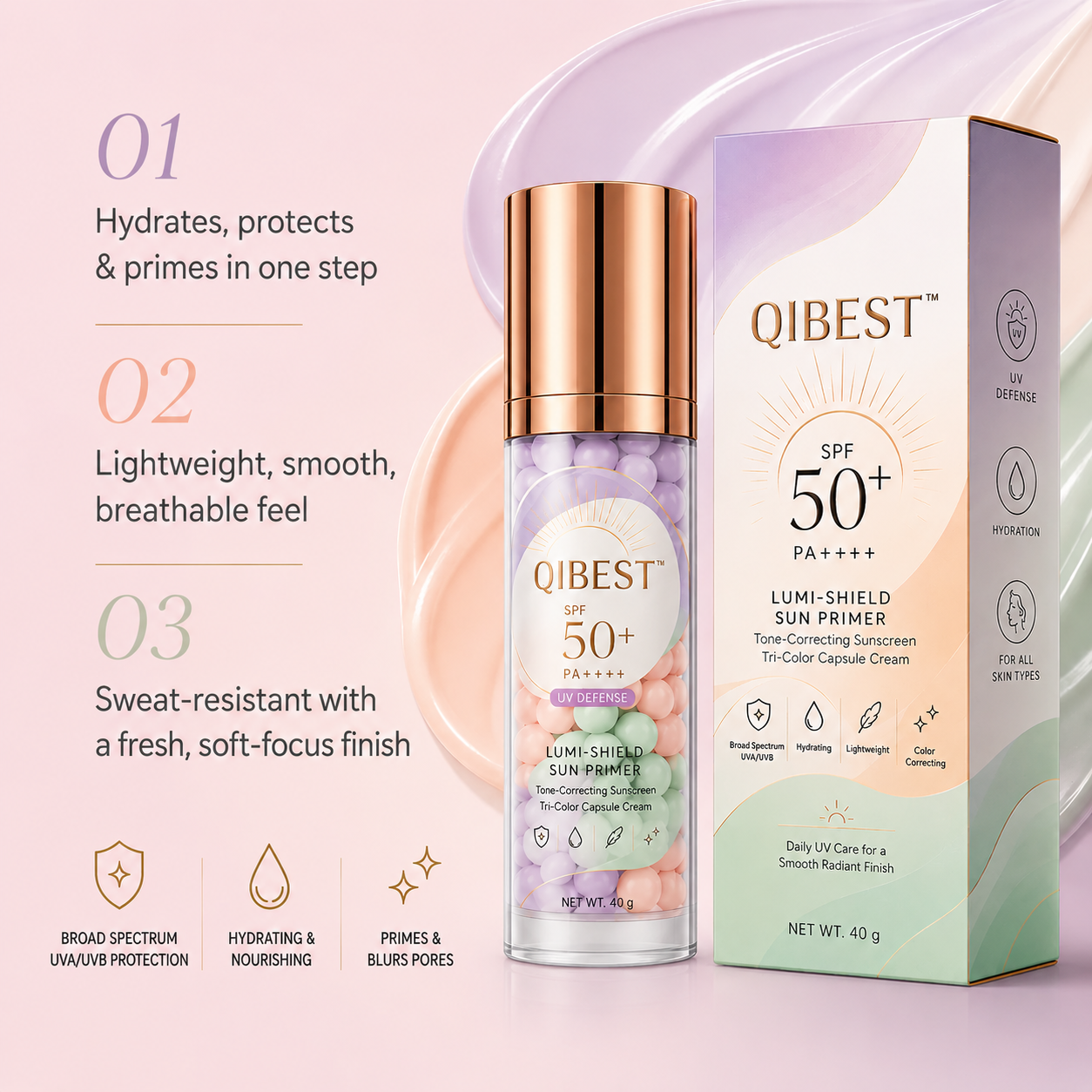 QIBEST Tri-Color Capsule SPF 50+ Sunscreen Primer