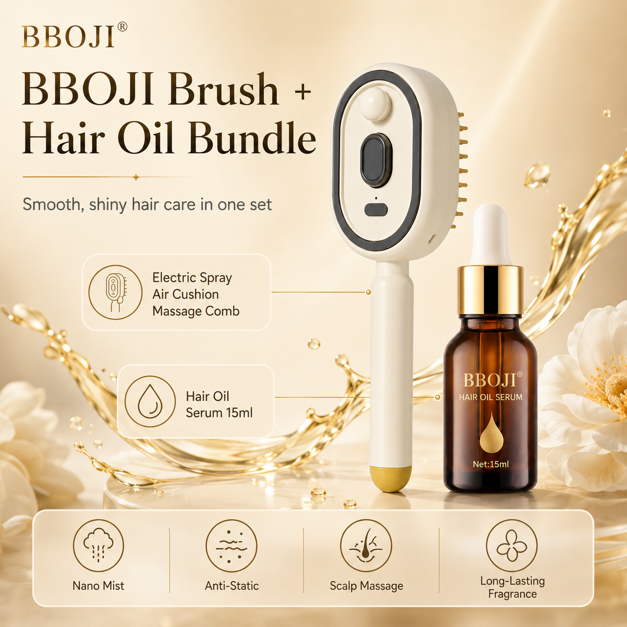 BBOJI Anti-Frizz Spray Massage Comb & Hair Oil Set