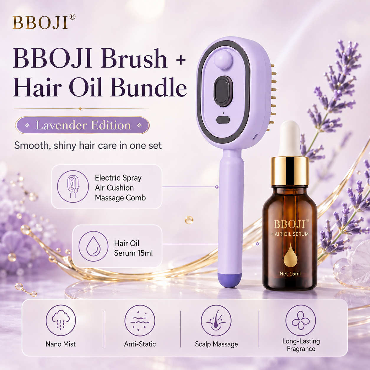 BBOJI Anti-Frizz Spray Massage Comb & Hair Oil Set