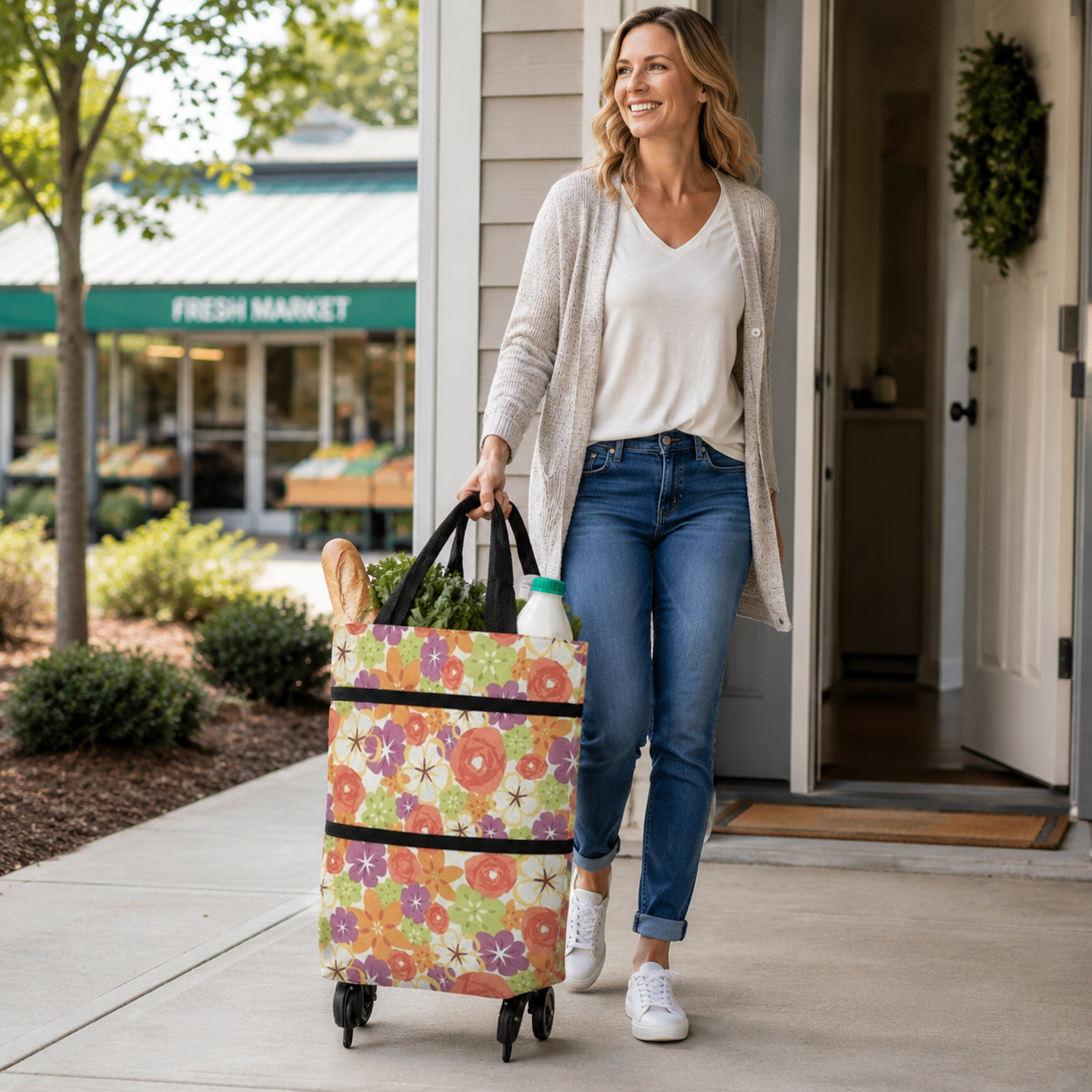 Edertas 2-in-1 Foldable Rolling Grocery Tote with Hidden Wheels
