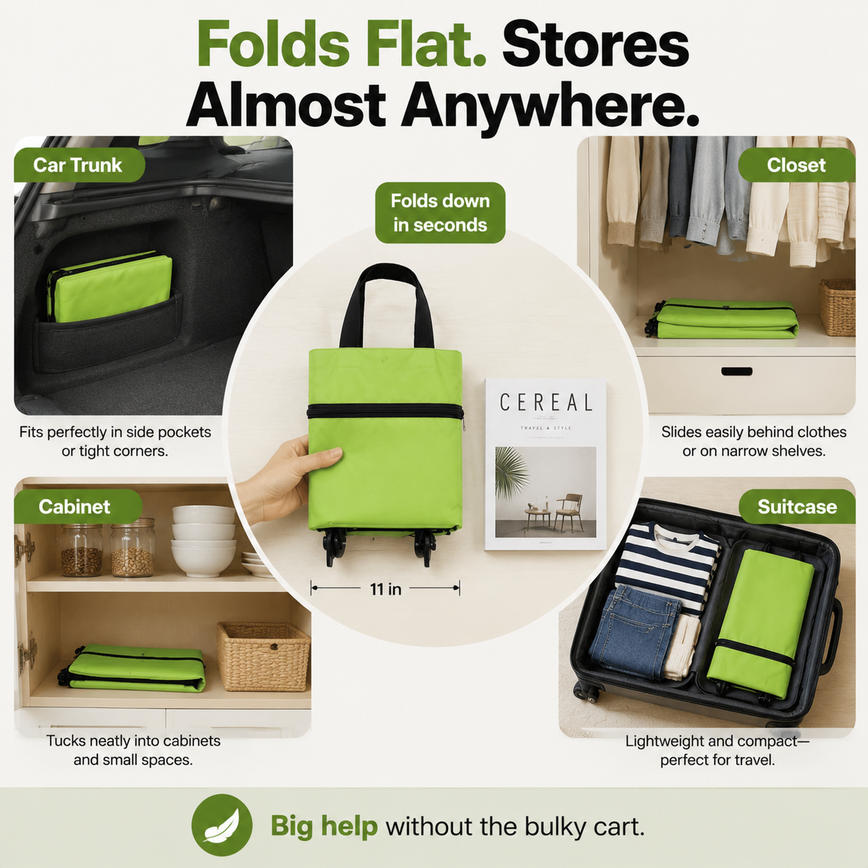 Edertas 2-in-1 Foldable Rolling Grocery Tote with Hidden Wheels