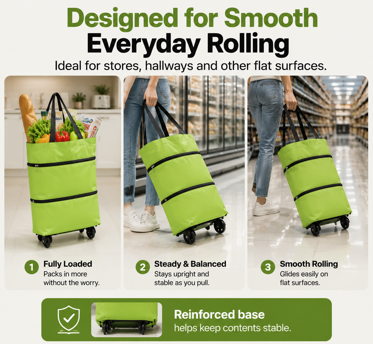 Edertas 2-in-1 Foldable Rolling Grocery Tote with Hidden Wheels