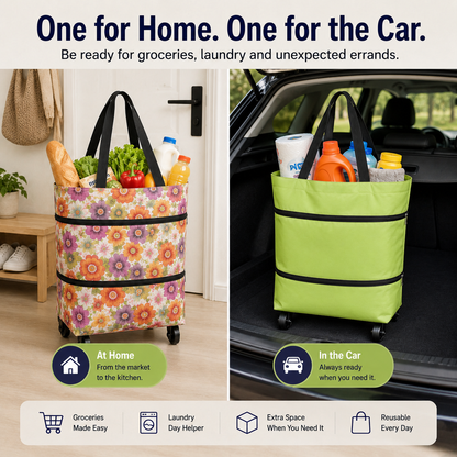 Edertas 2-in-1 Foldable Rolling Grocery Tote with Hidden Wheels