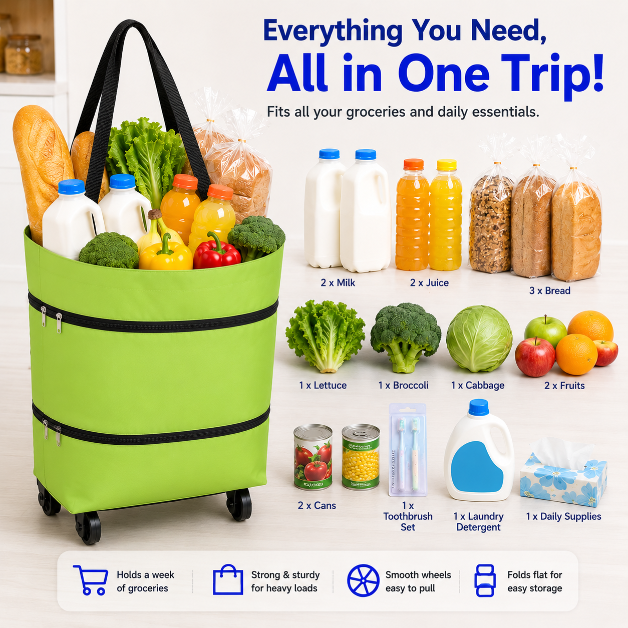 Edertas 2-in-1 Foldable Rolling Grocery Tote with Hidden Wheels