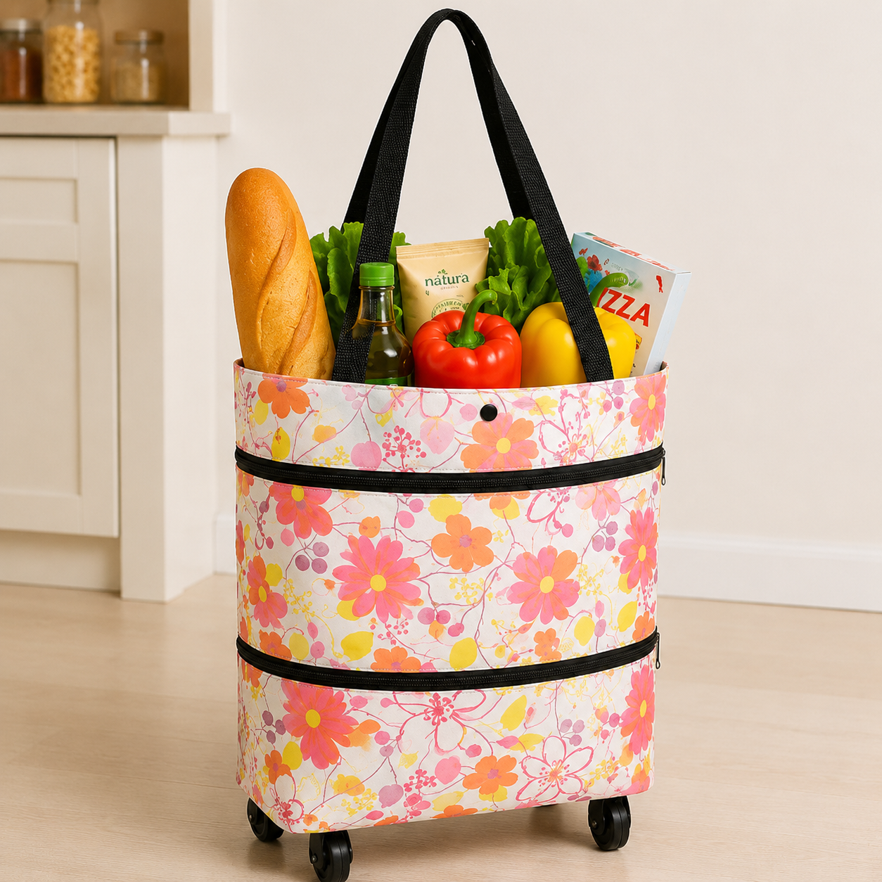 Edertas 2-in-1 Foldable Rolling Grocery Tote with Hidden Wheels